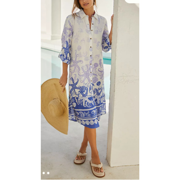 ANTHROPOLOGIE Size XS Blue White Ombre Long Sleeve Button-Up Midi Shirt Dress - Picture 1 of 9